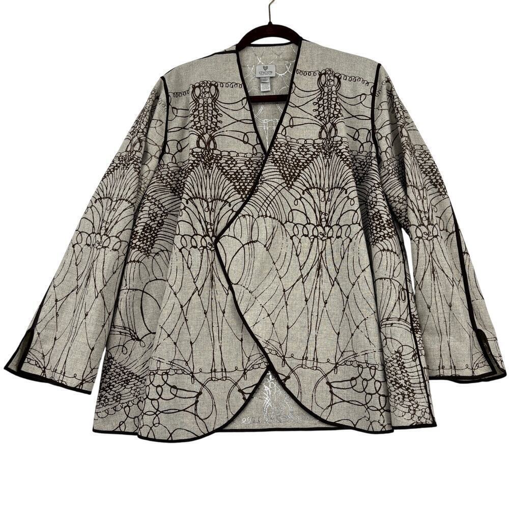 Chico's Reversible Jacket Blazer Size M Beige Brown Embroiderd Wool Blend Open - Picture 7 of 14